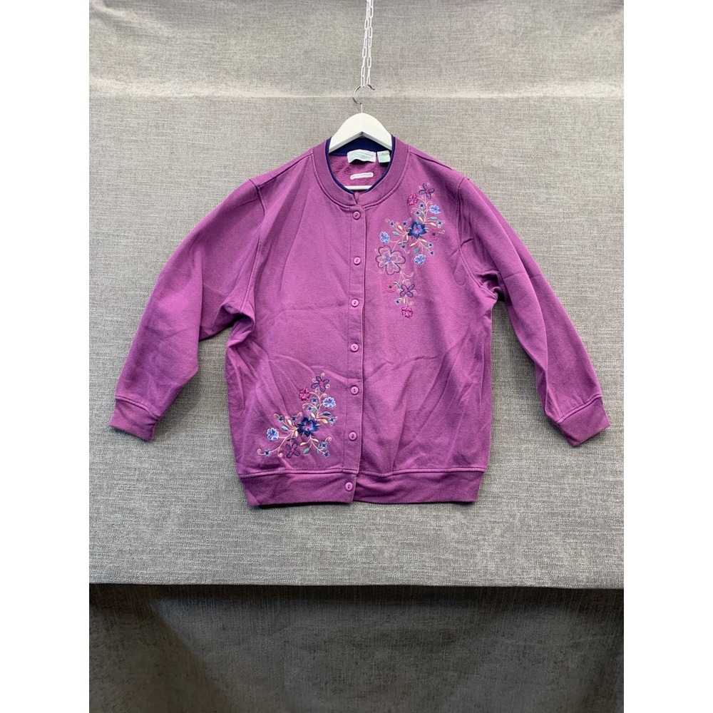 Shenanigans Donna Anderson Cardigan Sweater Womens 1X Purple Floral Embroidered